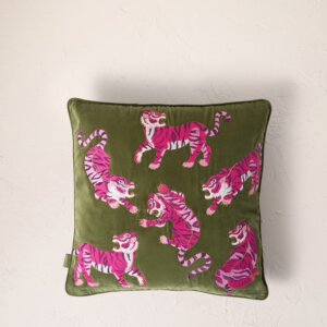 Wild Tiger Fern Green Velvet Cushion